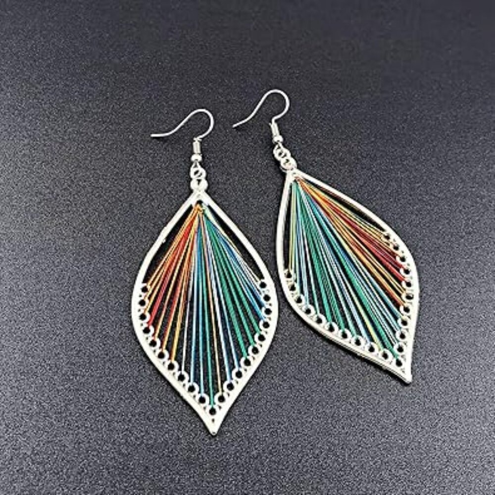 Boho Colorful Layered Leaf Earrings Bohemian Dangle Drop Tassel Silver Colorful